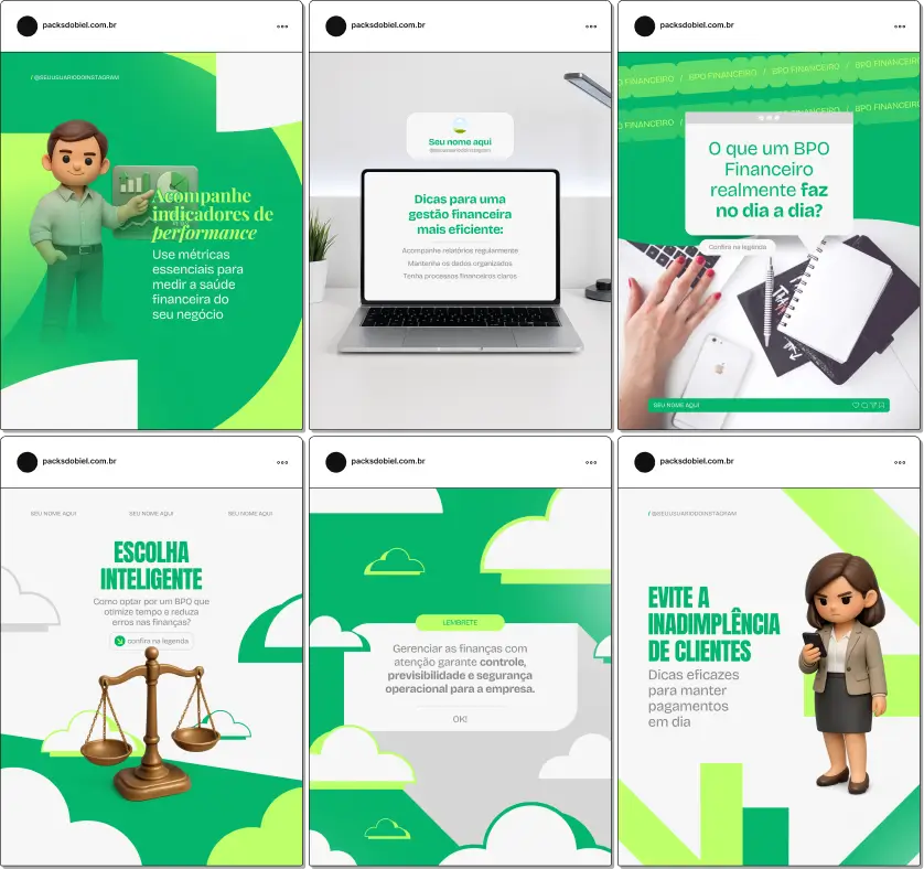 Pack de posts editáveis no Canva para profissionais de BPO financeiro que desejam explicar gestão financeira, controle de fluxo de caixa, contas a pagar e receber, organização financeira e tomada de decisão para empresas, mantendo um feed organizado e profissional.