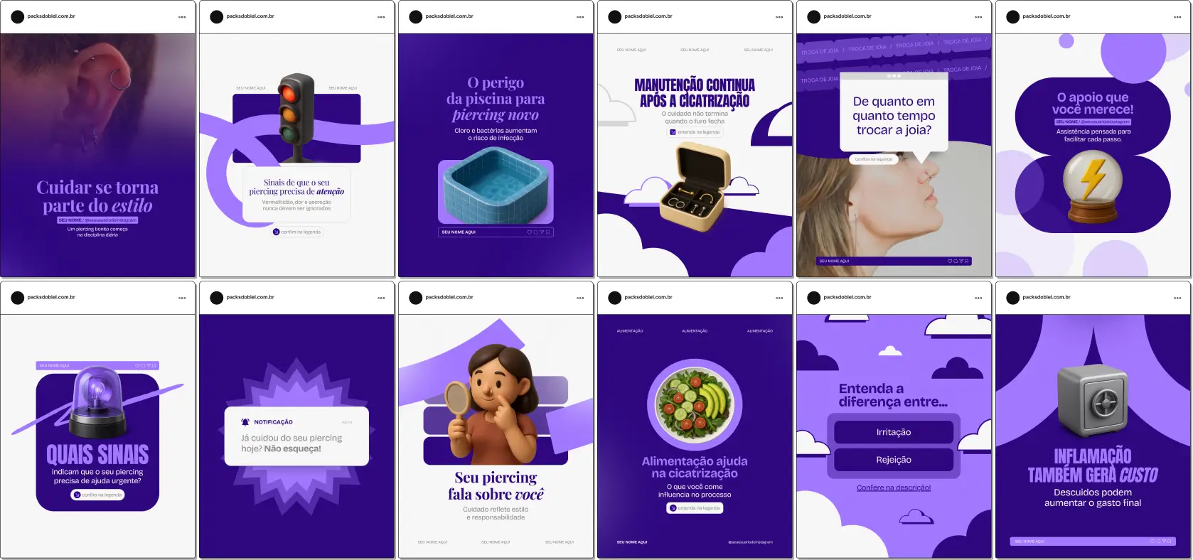 Pack de artes editáveis no Canva para piercers que produzem conteúdo sobre furos seguros, materiais hipoalergênicos, esterilização, anatomia e boas práticas no estúdio.