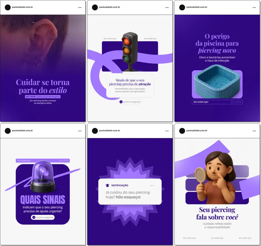 Pack de templates editáveis no Canva para profissionais de body piercing que querem divulgar portfólio, orientar clientes sobre dor, tempo de cicatrização, troca de joias e cuidados essenciais.
