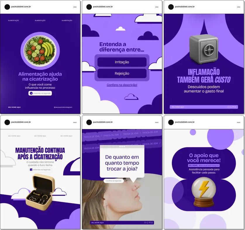 Pack de posts editáveis no Canva para profissionais de body piercing que desejam ensinar cuidados pós-procedimento, higienização, tipos de joias e informações sobre cicatrização, mantendo um feed profissional e informativo.