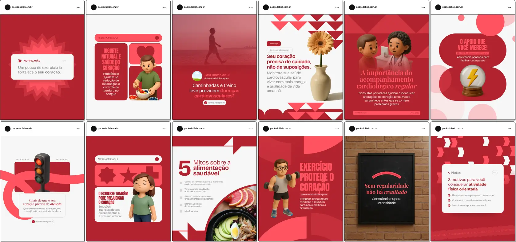 Pack de artes editáveis no Canva para cardiologia, voltado para médicos que explicam exames, tratamentos, check-ups cardíacos, fatores de risco e bem-estar cardiovascular, com comunicação visual clara e profissional.