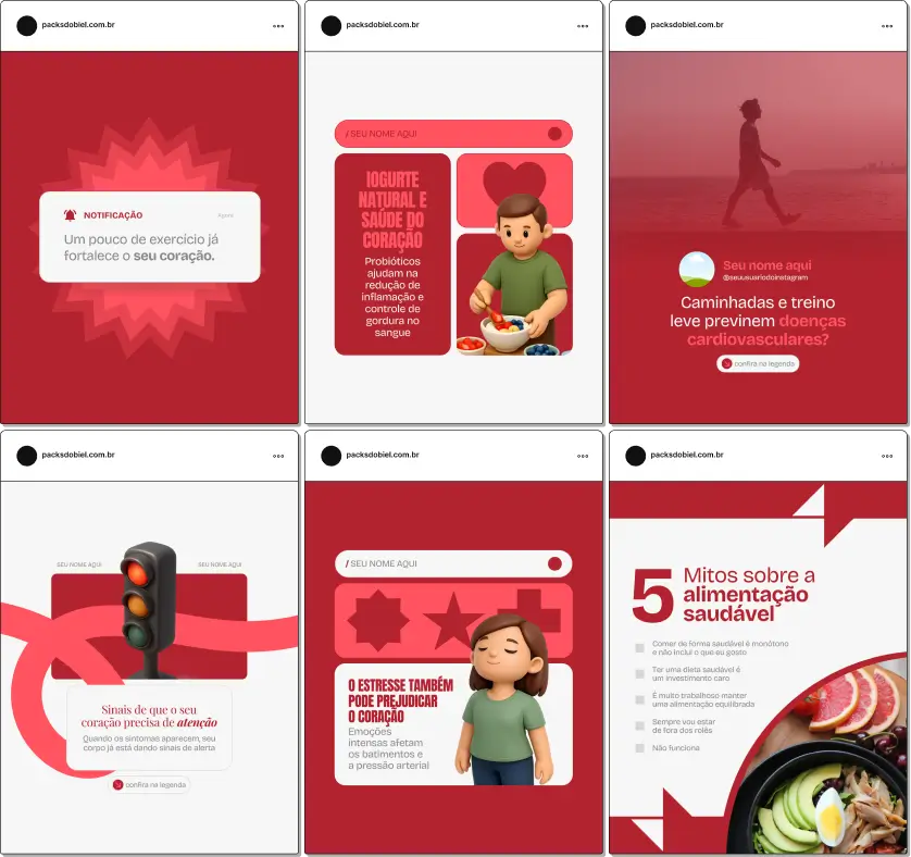 Pack de templates editáveis no Canva para cardiologistas que querem compartilhar informações sobre infarto, arritmia, colesterol, exercícios e alimentação saudável, reforçando autoridade e confiança no Instagram.
