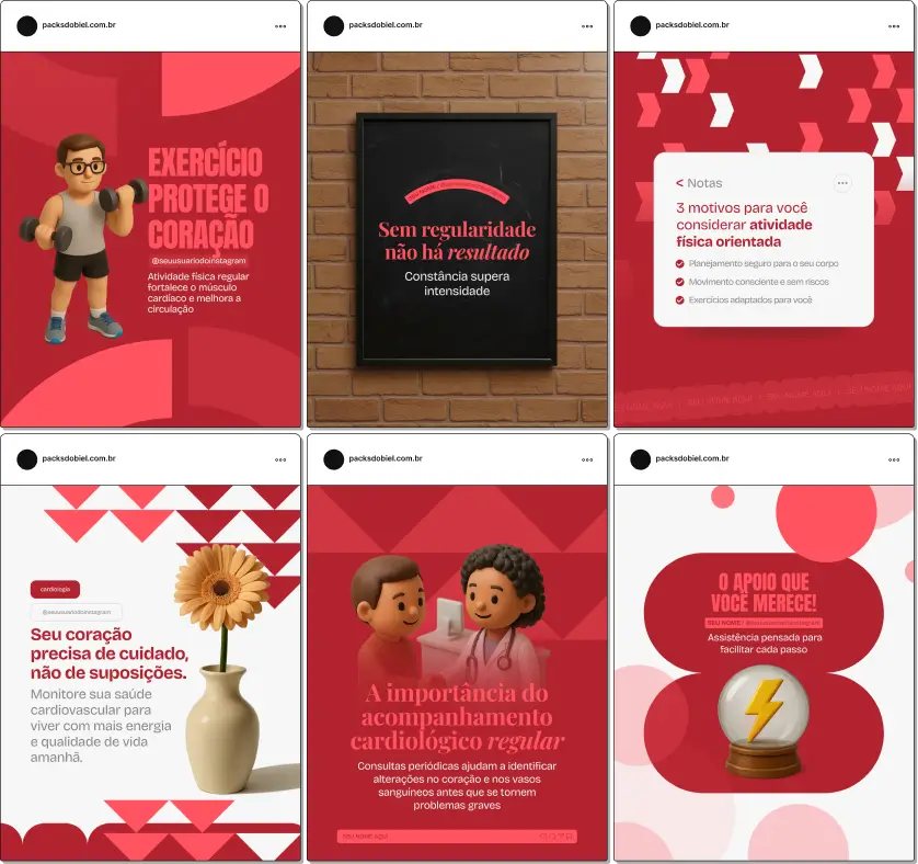 Pack de posts editáveis no Canva para cardiologistas, ideal para profissionais que produzem conteúdo sobre saúde do coração, prevenção de doenças cardiovasculares, hipertensão e hábitos saudáveis, mantendo um feed organizado e confiável.