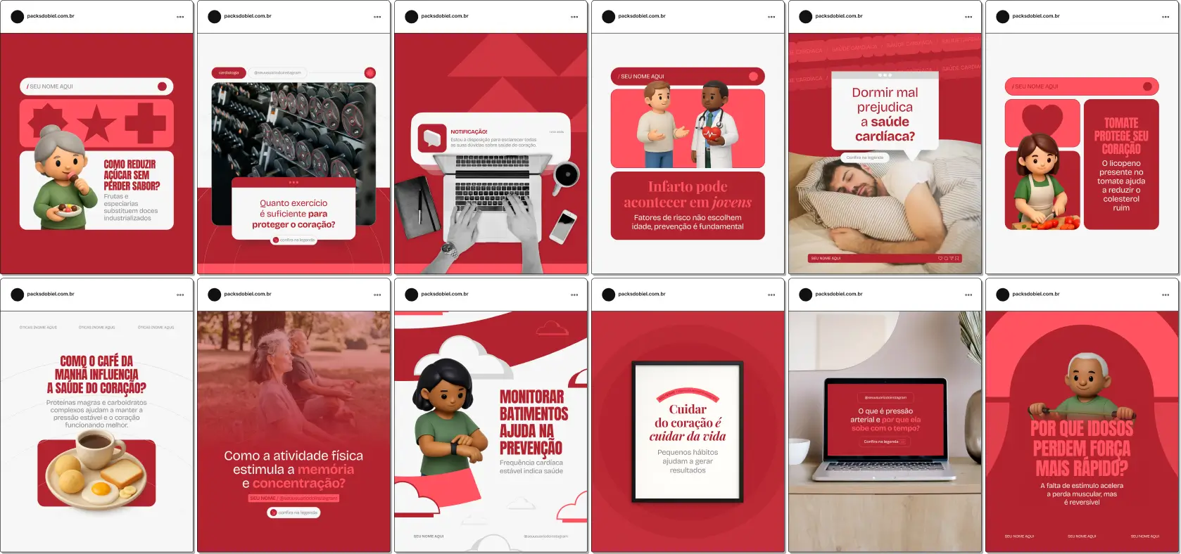 Pack de templates editáveis no Canva para cardiologia, desenvolvido para profissionais que abordam insuficiência cardíaca, cardiopatia, tratamento clínico, autocuidado e promoção da saúde, mantendo um feed organizado e educativo.
