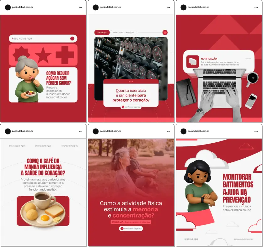 Pack de artes editáveis no Canva para cardiologistas, ideal para criar conteúdos sobre saúde cardíaca, exames preventivos, check-up anual, hábitos saudáveis e educação do paciente, com visual coerente e profissional.