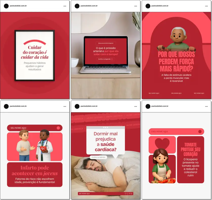 Pack de posts editáveis no Canva para profissionais de cardiologia que atendem adultos e idosos, focado em prevenção, cuidados com pressão arterial, controle de peso, frequência cardíaca e qualidade de vida.