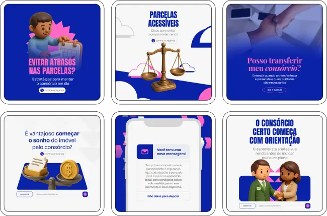 Pack de artes editáveis no Canva para corretores e especialistas em consórcio imobiliário que produzem conteúdo sobre investimento imobiliário, aquisição sem juros, cartas de crédito e estratégias de compra, reforçando autoridade no Instagram.