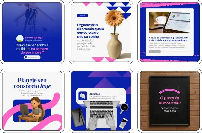 Pack de posts editáveis no Canva para quem atua com consórcio de imóveis, desenvolvido para orientar clientes sobre planejamento de compra, benefícios do consórcio, tipos de imóvel e segurança financeira, mantendo um perfil educativo e visualmente coerente.
