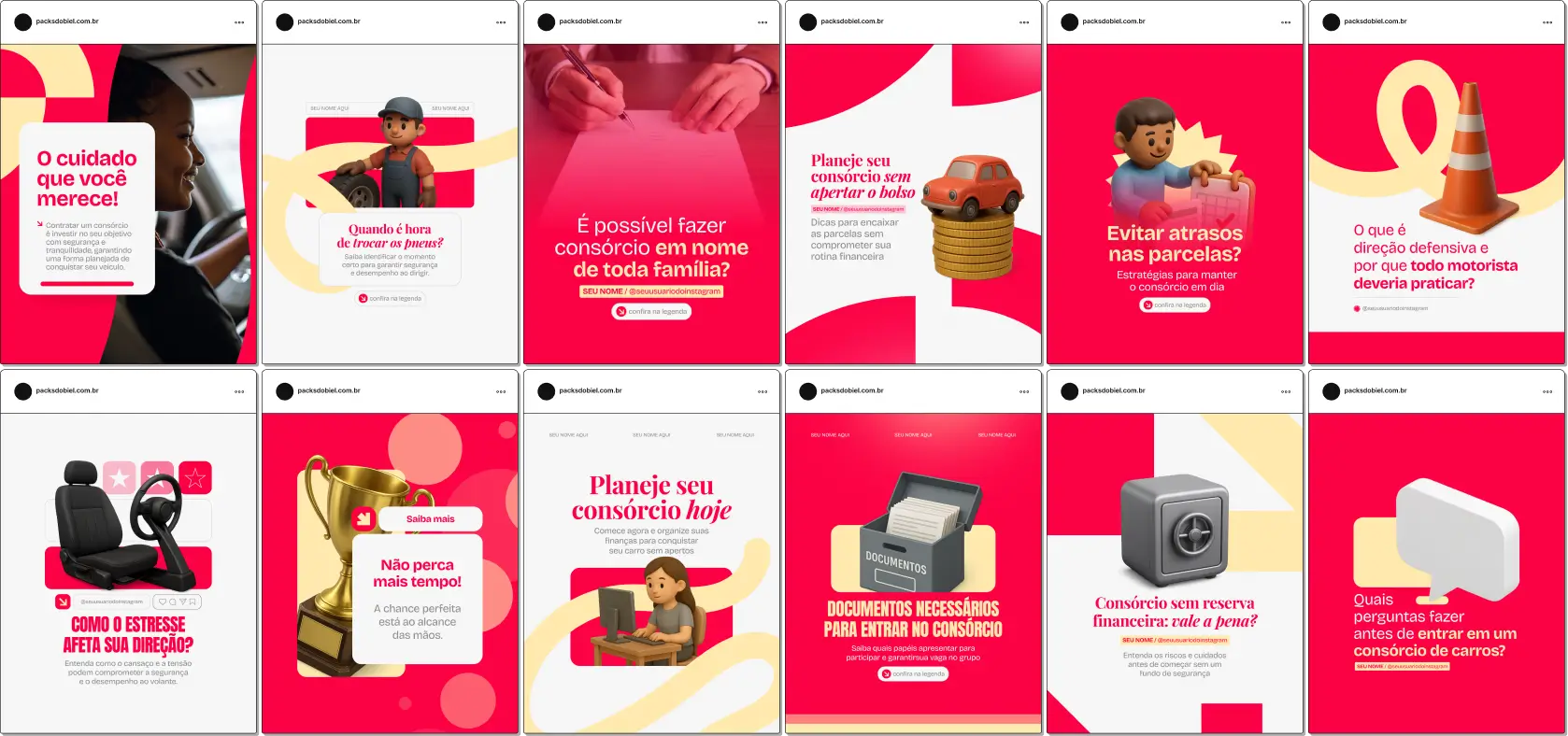 Pack de artes editáveis no Canva para profissionais de consórcios que produzem conteúdo sobre como escolher planos, comparar administradoras, simular parcelas, esclarecer dúvidas e ensinar sobre contemplação, reforçando autoridade no Instagram.