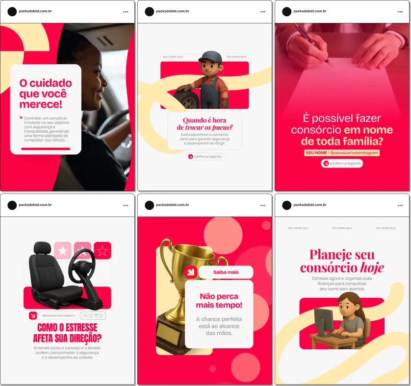 Pack de templates editáveis no Canva para consultores de consórcio de veículos que querem explicar benefícios, prazos, tipos de carta de crédito, estratégias de lance e aquisição de carros, com comunicação clara e visualmente organizada.