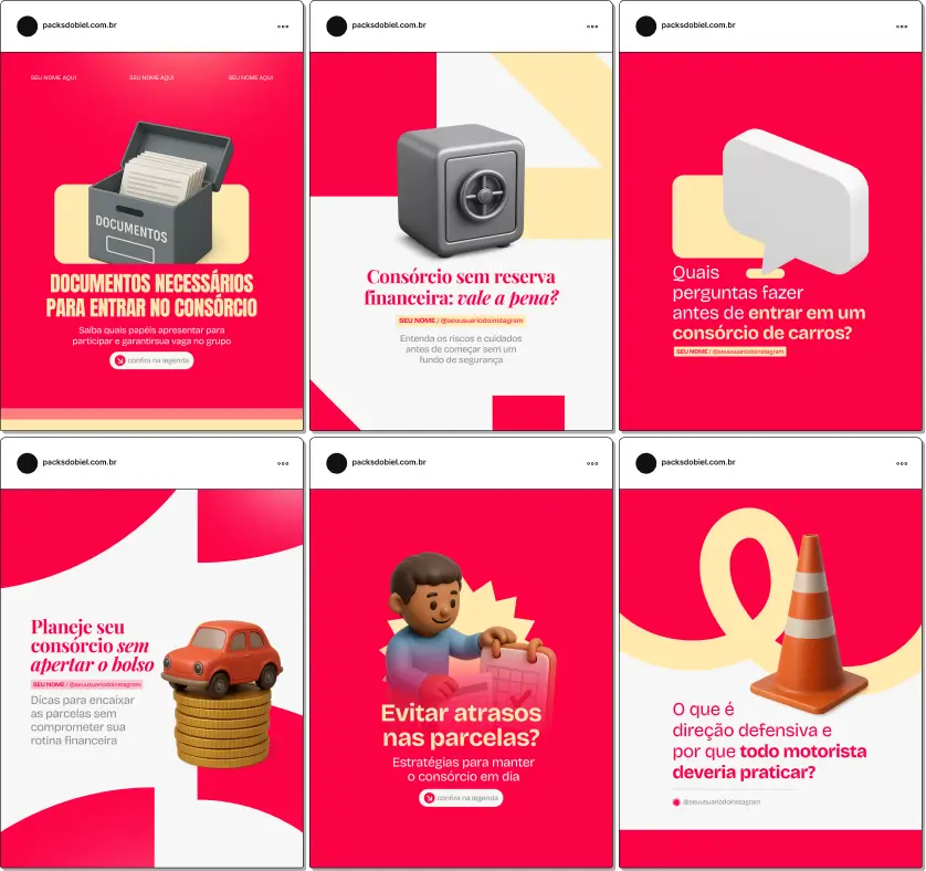 Pack de posts editáveis no Canva para consultores de consórcio de carros que desejam orientar sobre planejamento financeiro, lances, contemplação, vantagens e organização do orçamento familiar, mantendo um feed educativo e profissional.