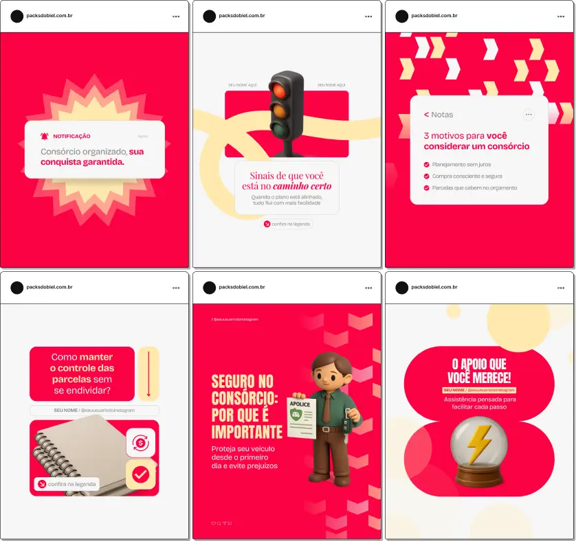 Pack de templates editáveis no Canva para profissionais de consórcio de carros que querem educar clientes sobre prazos, custos, vantagens do consórcio e escolha do veículo, com comunicação clara e identidade visual coerente.