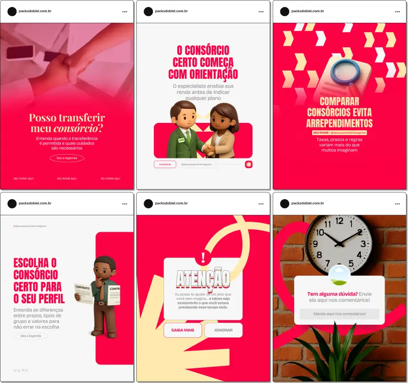 Pack de posts editáveis no Canva para profissionais que trabalham com consórcio de carros e desejam explicar funcionamento, contemplação, parcelas e planejamento para compra de veículos, mantendo um feed organizado e confiável.