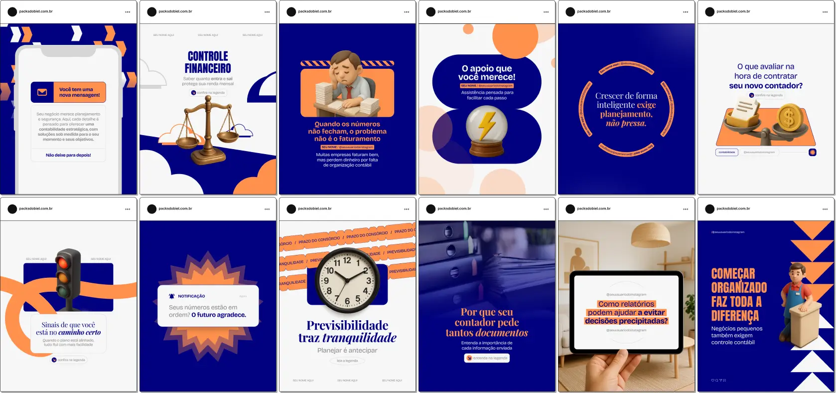 Pack de templates editáveis no Canva para contadores que querem orientar clientes sobre fluxo de caixa, obrigações fiscais, organização financeira e boas práticas contábeis, com comunicação clara e visualmente coerente.