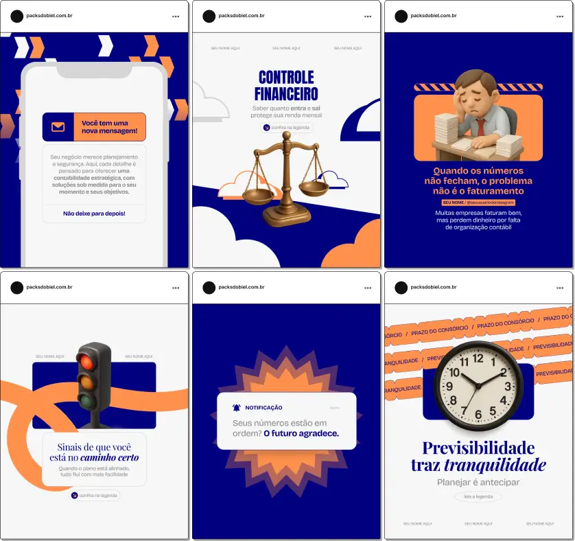 Pack de artes editáveis no Canva para profissionais de contabilidade que produzem conteúdo sobre impostos, declarações, abertura de empresas e gestão contábil, reforçando credibilidade e autoridade no Instagram.