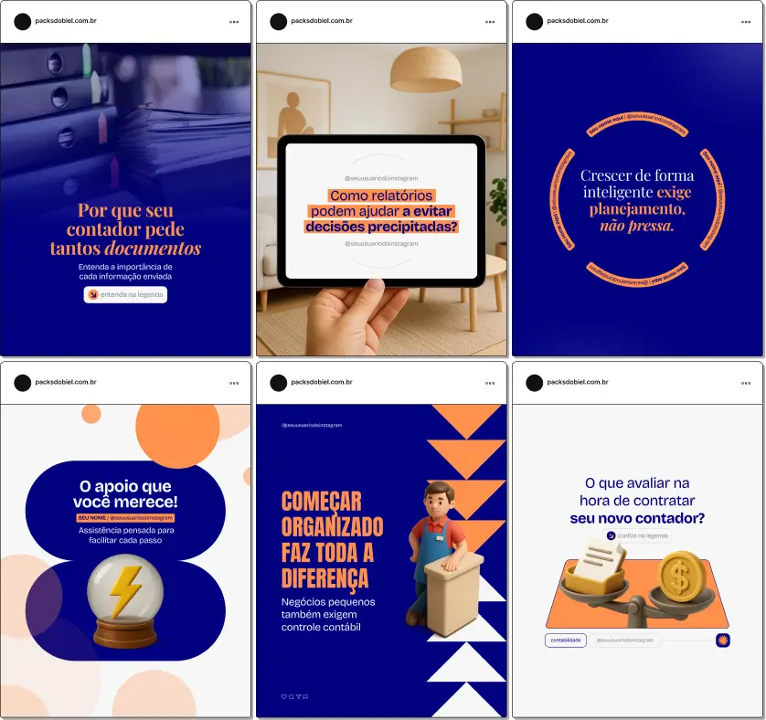 Pack de posts editáveis no Canva para contadores que desejam compartilhar informações sobre finanças, gestão tributária, contabilidade empresarial e planejamento fiscal, mantendo um feed organizado e profissional.