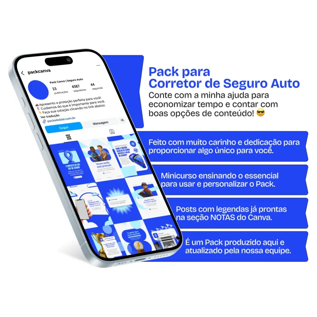Pack de posts editáveis no Canva para corretores de seguro auto que desejam explicar coberturas, assistência, proteção veicular e vantagens de cada plano, ajudando a criar um feed profissional, claro e focado em atrair novos clientes.