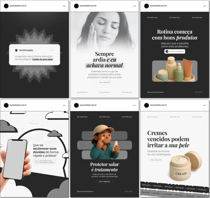 Pack de templates editáveis no Canva para dermatologistas que querem educar pacientes sobre procedimentos, saúde da pele, diagnóstico e cuidados diários, com comunicação clara e identidade visual coerente.