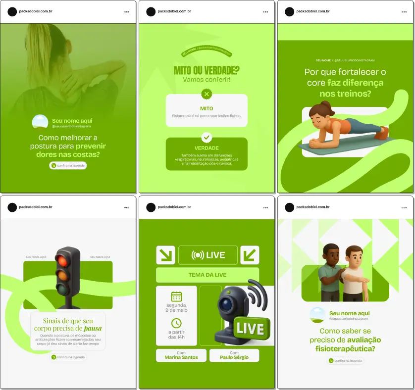 Pack de templates editáveis no Canva para fisioterapeutas que produzem conteúdo sobre saúde musculoesquelética, mobilidade, fortalecimento e bem-estar, ajudando a criar um perfil confiável e informativo.