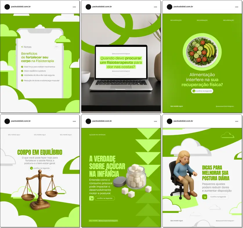 Pack de posts editáveis no Canva para fisioterapeutas que desejam ensinar exercícios, reabilitação, prevenção de lesões e ergonomia, mantendo um feed organizado, educativo e visualmente profissional.
