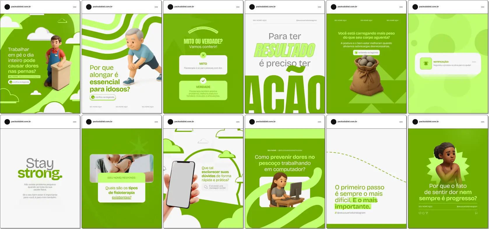 Pack de artes editáveis no Canva para fisioterapeutas que buscam compartilhar dicas de postura, exercícios domiciliares, técnicas de alongamento e cuidados com articulações, reforçando o profissionalismo do feed.