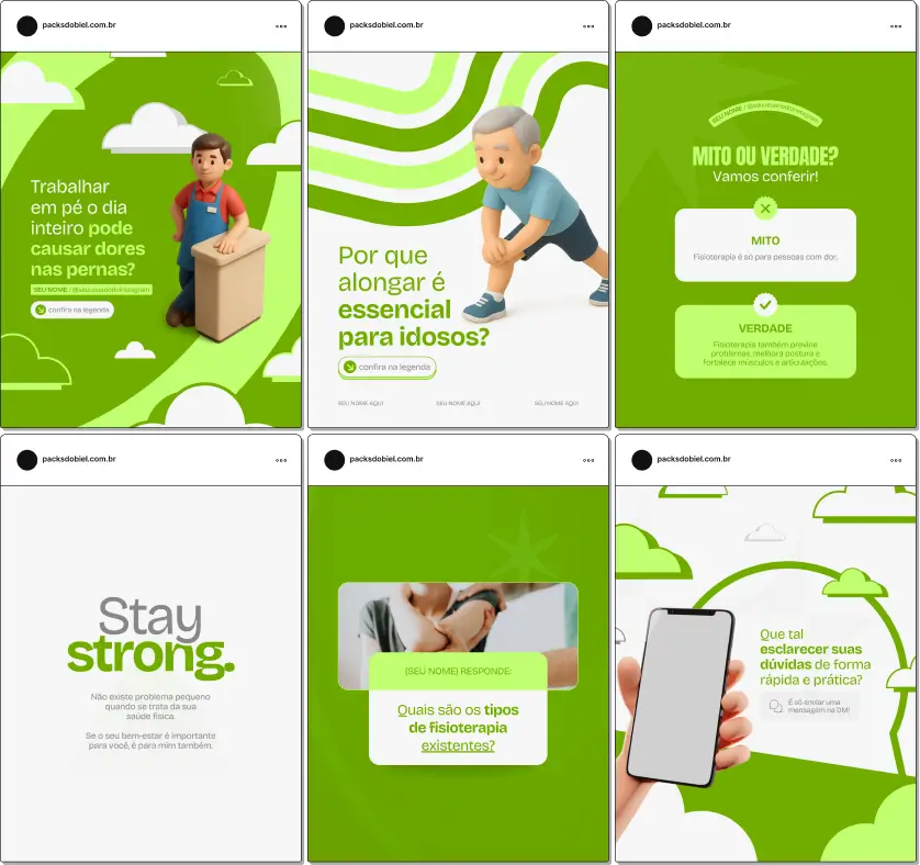 Pack de templates editáveis no Canva para profissionais de fisioterapia que querem educar pacientes sobre mobilidade, dor crônica, recuperação de lesões e qualidade de vida, oferecendo conteúdo confiável e visualmente organizado.