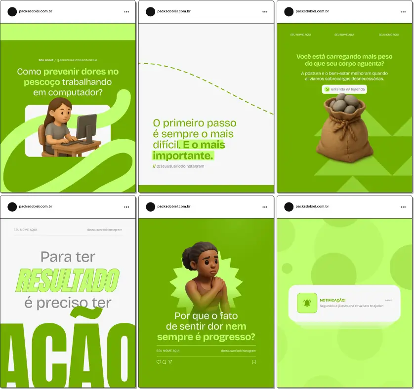 Pack de posts editáveis no Canva para especialistas em fisioterapia que desejam abordar prevenção, reabilitação funcional, fisioterapia esportiva e cuidados diários, mantendo comunicação visual clara e coerente.