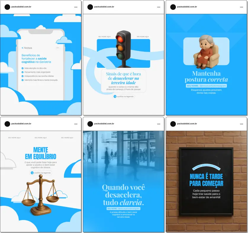 Pack de artes editáveis no Canva para profissionais de geriatria que produzem conteúdo sobre envelhecimento saudável, controle de doenças crônicas, medicações e rotina de cuidados com idosos.