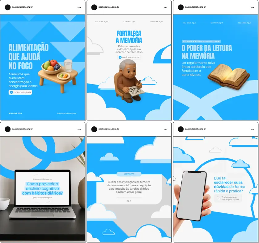 Pack de posts editáveis no Canva para geriatras que desejam informar sobre saúde do idoso, prevenção de doenças, acompanhamento clínico e qualidade de vida, mantendo um feed organizado e profissional.