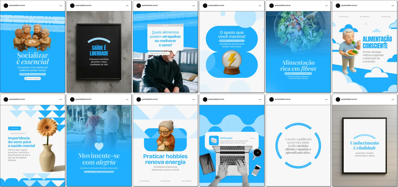 Pack de artes editáveis no Canva para profissionais que atuam com geriatria e produzirem conteúdos sobre demências, hipertensão, diabetes e cuidados contínuos na terceira idade.