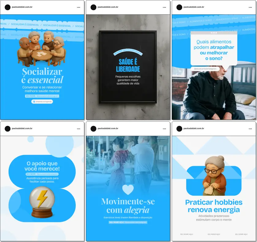Pack de templates editáveis no Canva para geriatras que querem educar famílias e cuidadores sobre rotina de cuidados, sinais de alerta, tratamentos e envelhecimento com qualidade de vida.