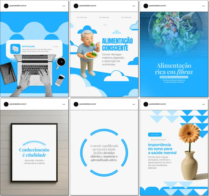 Pack de posts editáveis no Canva para especialistas em geriatria que desejam compartilhar conteúdos sobre prevenção de quedas, acompanhamento médico, autonomia e saúde integral do idoso.