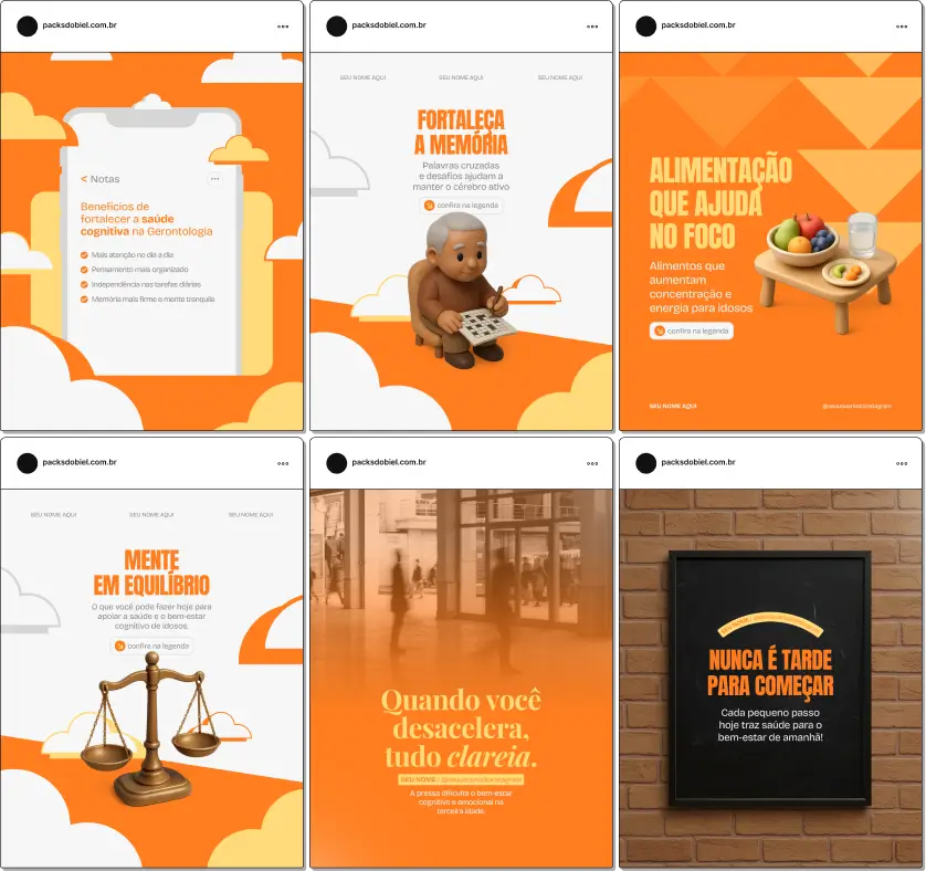 Pack de artes editáveis no Canva para profissionais de gerontologia que produzem conteúdo sobre bem-estar, mobilidade, nutrição, saúde mental e suporte ao idoso, reforçando autoridade e credibilidade no Instagram.