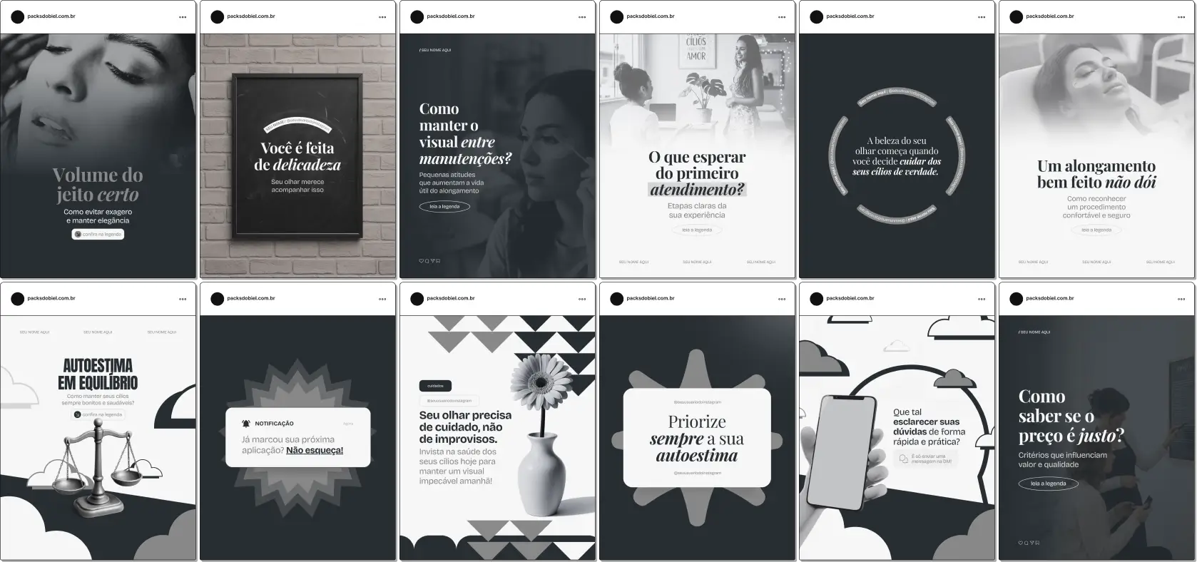 Pack de artes editáveis no Canva para profissionais de design de cílios que produzem conteúdo sobre alongamento, volume, manutenção e estilos, reforçando credibilidade e engajamento no Instagram.