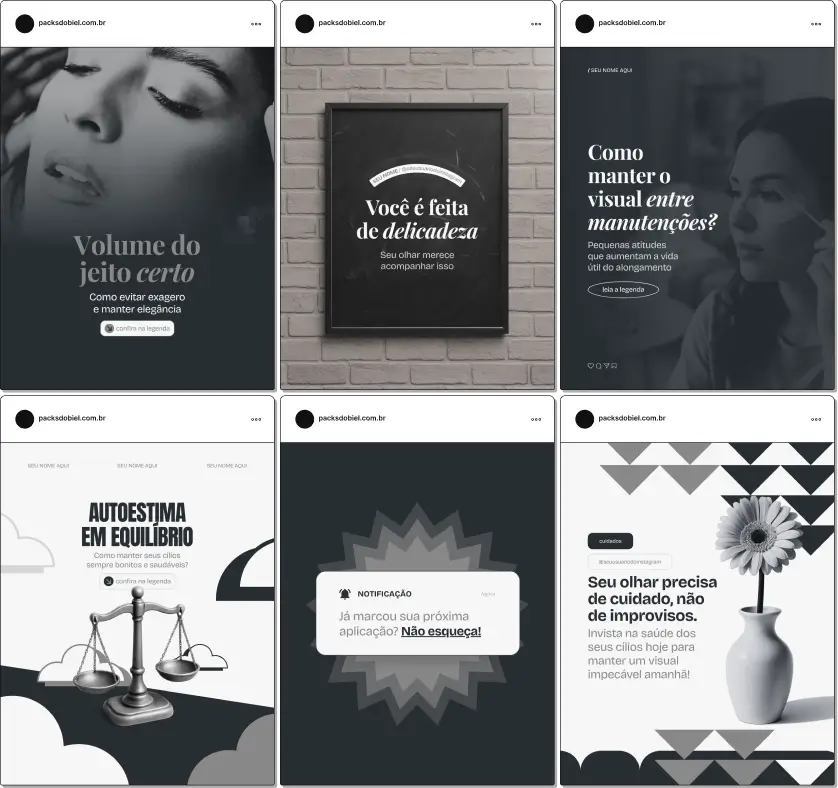 Pack de templates editáveis no Canva para lash designers que querem educar clientes sobre tipos de cílios, segurança, procedimentos e resultados, criando um feed confiável e esteticamente coerente.