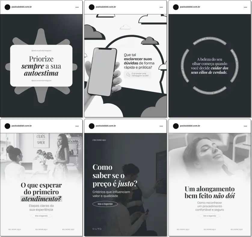 Pack de posts editáveis no Canva para lash designers que desejam mostrar técnicas de extensão de cílios, cuidados, tendências e portfólio, mantendo um feed organizado, profissional e visualmente atraente.