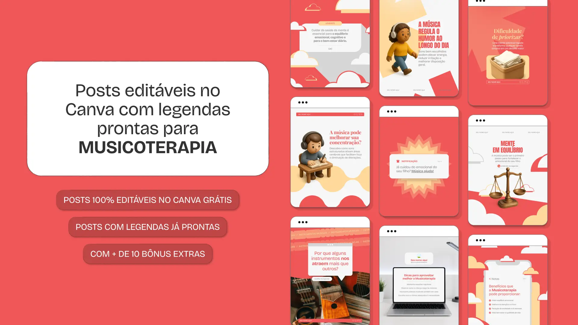 Pack de posts editáveis no Canva para musicoterapeutas que desejam compartilhar conteúdos sobre desenvolvimento cognitivo, emocional e social por meio da música, mantendo um feed educativo e profissional.