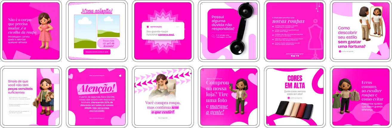 Pack de posts editáveis no Canva para lojas de roupas femininas, ideal para divulgar coleções, tendências, peças-chave, street style, combos de looks e promoções, ajudando a criar um feed organizado, visualmente atraente e profissional.