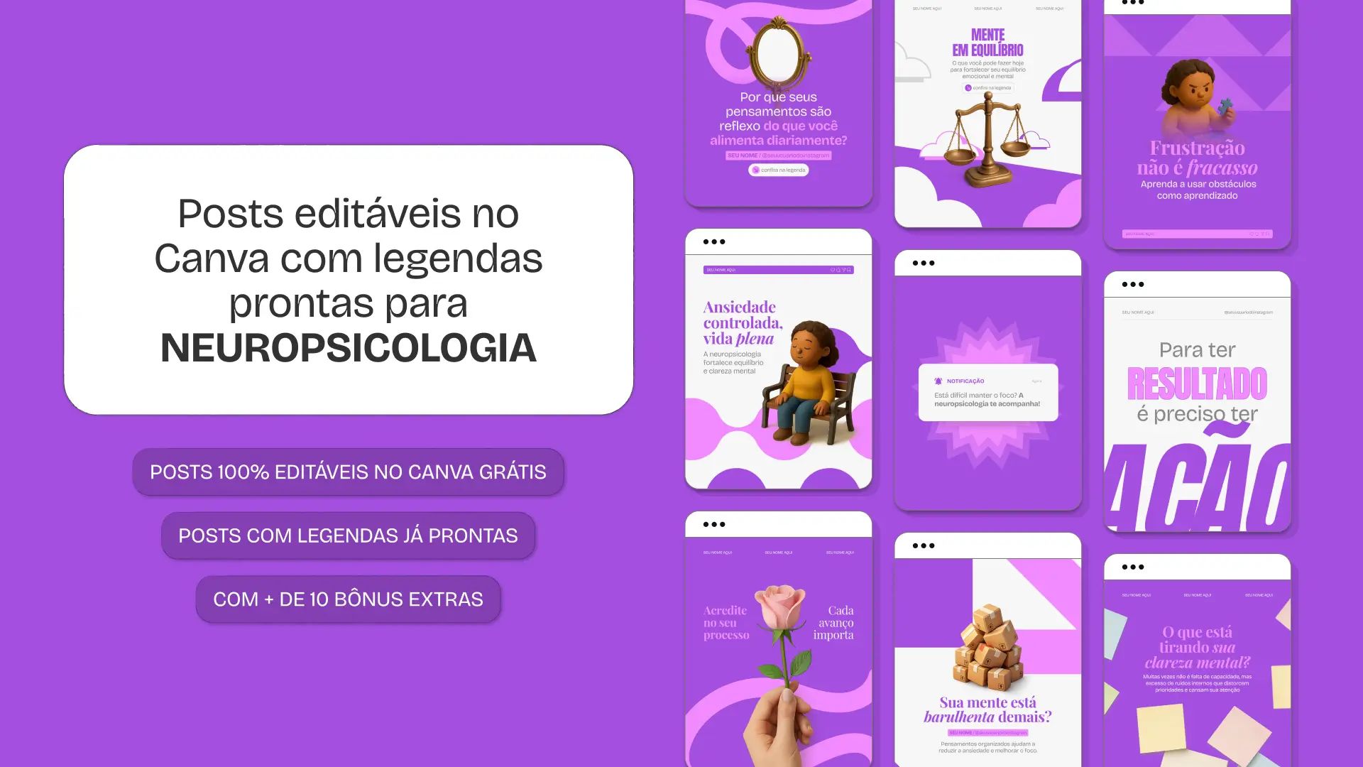 Pack de posts editáveis no Canva para neuropsicólogos que desejam compartilhar dicas práticas de estimulação cognitiva, atenção, memória, funções executivas e acompanhamento terapêutico, mantendo um feed confiável e organizado.