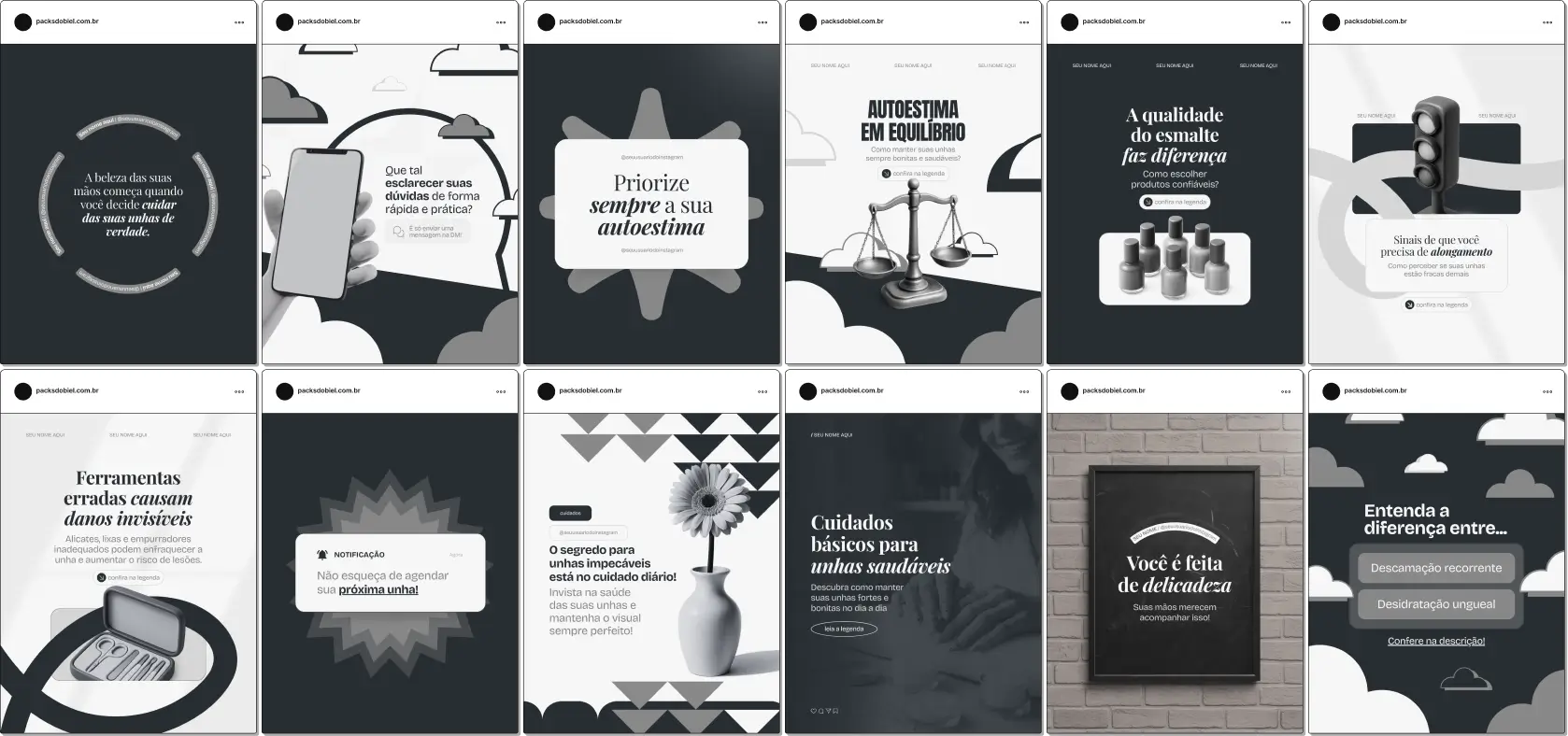 Pack de artes editáveis no Canva para profissionais de design de unhas que produzem conteúdo sobre unhas em gel, fibra, acrílico e cuidados, reforçando credibilidade e engajamento no Instagram.