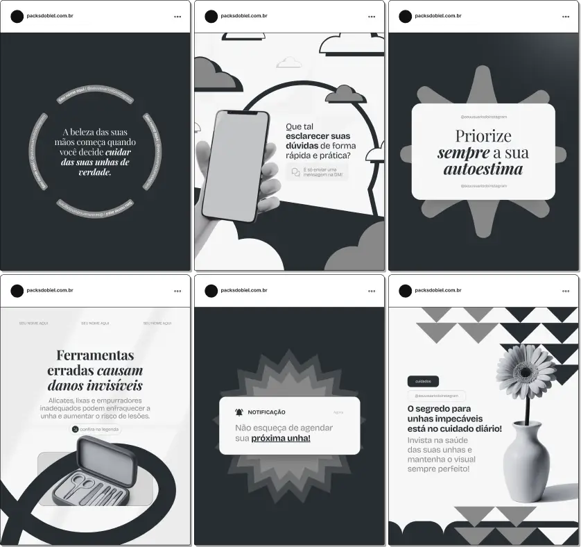 Pack de templates editáveis no Canva para nail designers que querem educar clientes sobre formatos, durabilidade, higiene e procedimentos, criando um feed confiável e com identidade visual coerente.