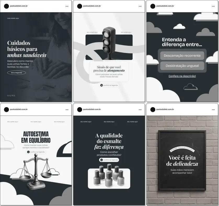 Pack de posts editáveis no Canva para nail designers que desejam divulgar alongamento de unhas, esmaltação, manutenção e tendências, mantendo um feed organizado, profissional e visualmente atrativo.