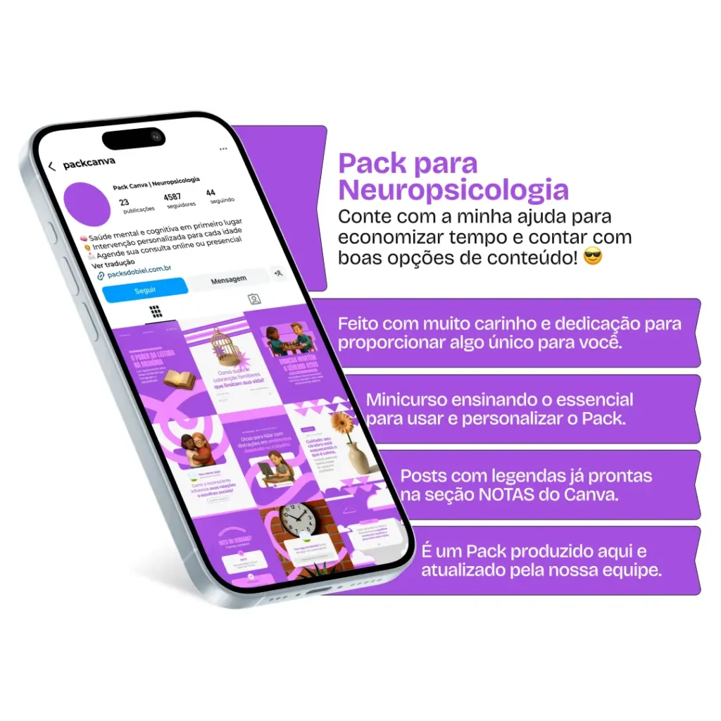 Pack de templates editáveis no Canva para neuropsicólogos que querem orientar pacientes e familiares sobre habilidades cognitivas, planejamento, raciocínio e estratégias de melhoria, com comunicação clara e confiável.