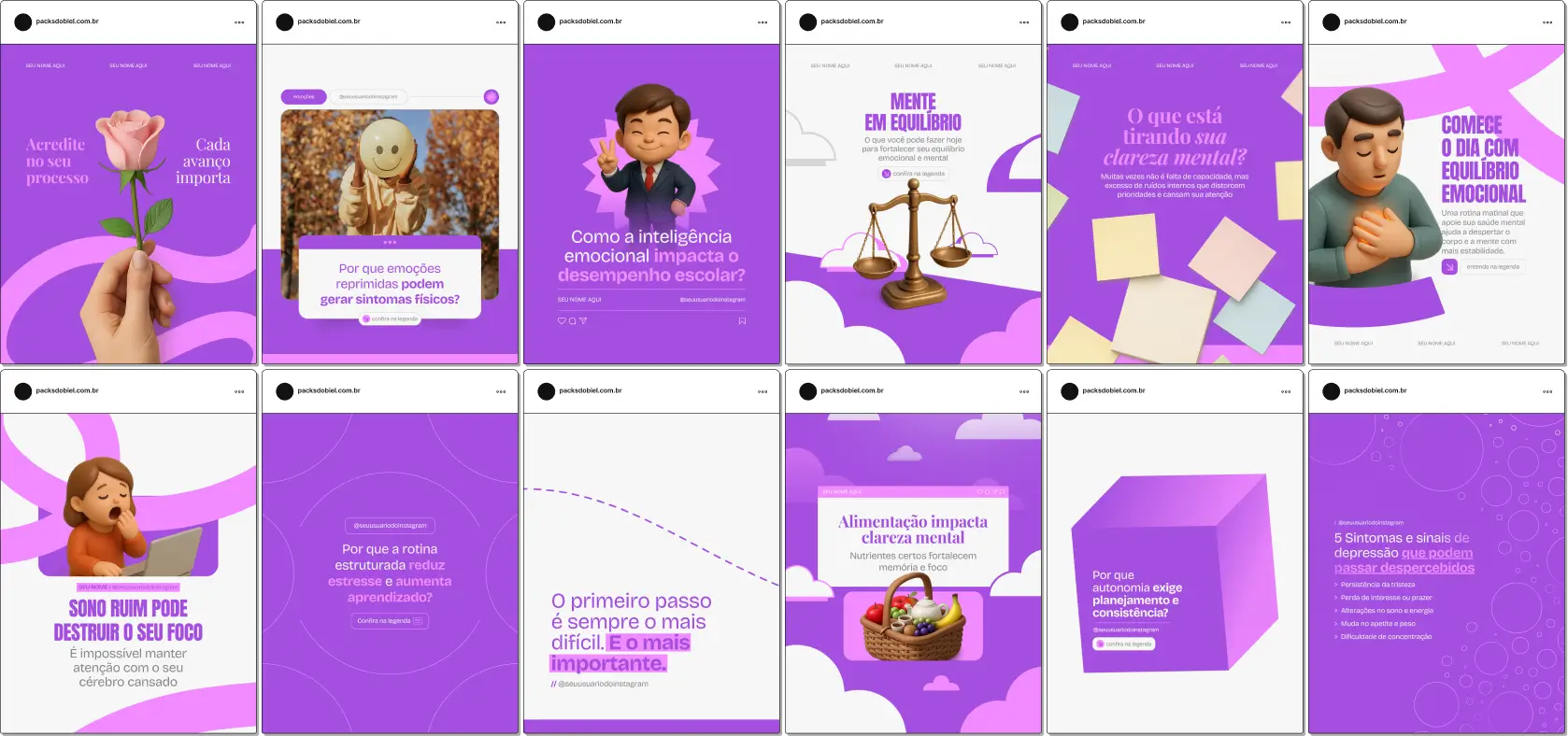 Pack de artes editáveis no Canva para profissionais de neuropsicologia que produzem conteúdo sobre diagnóstico, acompanhamento clínico, reabilitação cognitiva e técnicas de intervenção, reforçando autoridade no Instagram.