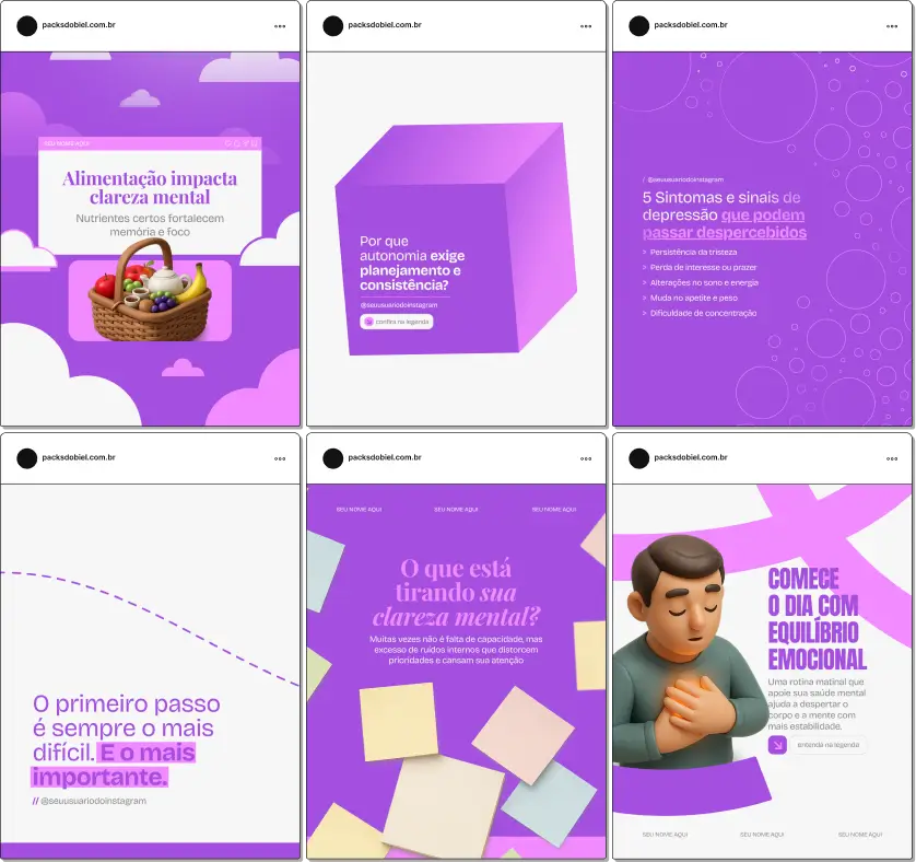 Pack de posts editáveis no Canva para especialistas em neuropsicologia que desejam abordar testes cognitivos, funções executivas, atenção, memória e estímulos adequados, mantendo um feed organizado e educativo.