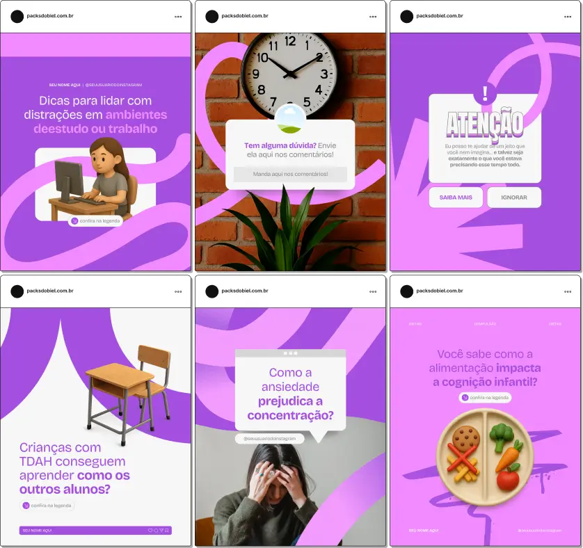 Pack de artes editáveis no Canva para profissionais de neuropsicologia que produzem conteúdo sobre diagnóstico, acompanhamento clínico, reabilitação cognitiva e técnicas de intervenção, reforçando autoridade no Instagram.
