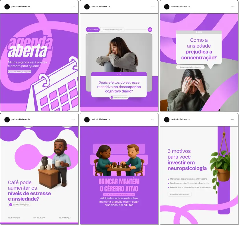 Pack de templates editáveis no Canva para neuropsicólogos que querem explicar desempenho cognitivo, neurodesenvolvimento, estratégias de aprendizagem e estimulação cerebral, com visual profissional e educativo.