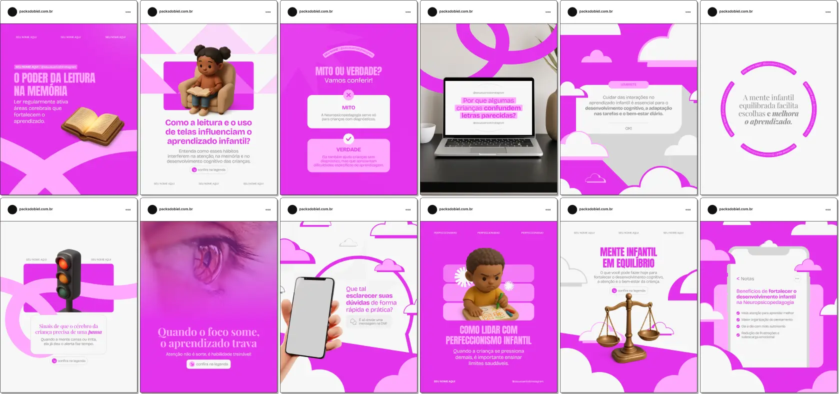 Pack de templates editáveis no Canva para neuropsicopedagogos que querem orientar famílias e educadores sobre estímulos, adaptações, habilidades cognitivas e práticas que favorecem o aprendizado, com visual claro e organizado.