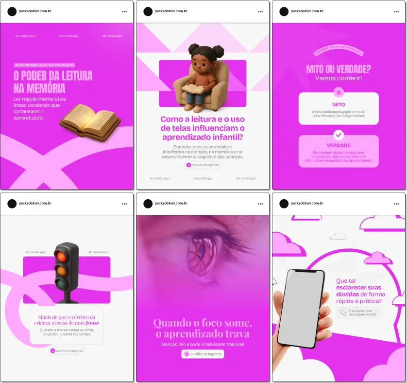 Pack de posts editáveis no Canva para neuropsicopedagogos que desejam explicar desenvolvimento cognitivo, aprendizagem, dificuldades escolares e estratégias de intervenção, mantendo um feed educativo e profissional.
