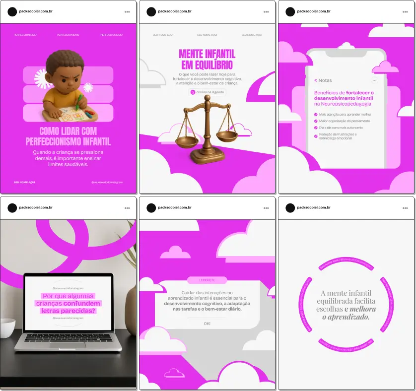 Pack de artes editáveis no Canva para profissionais de neuropsicopedagogia que produzem conteúdo sobre funções executivas, memória, atenção, avaliação e apoio ao processo de aprendizagem, reforçando autoridade no Instagram.